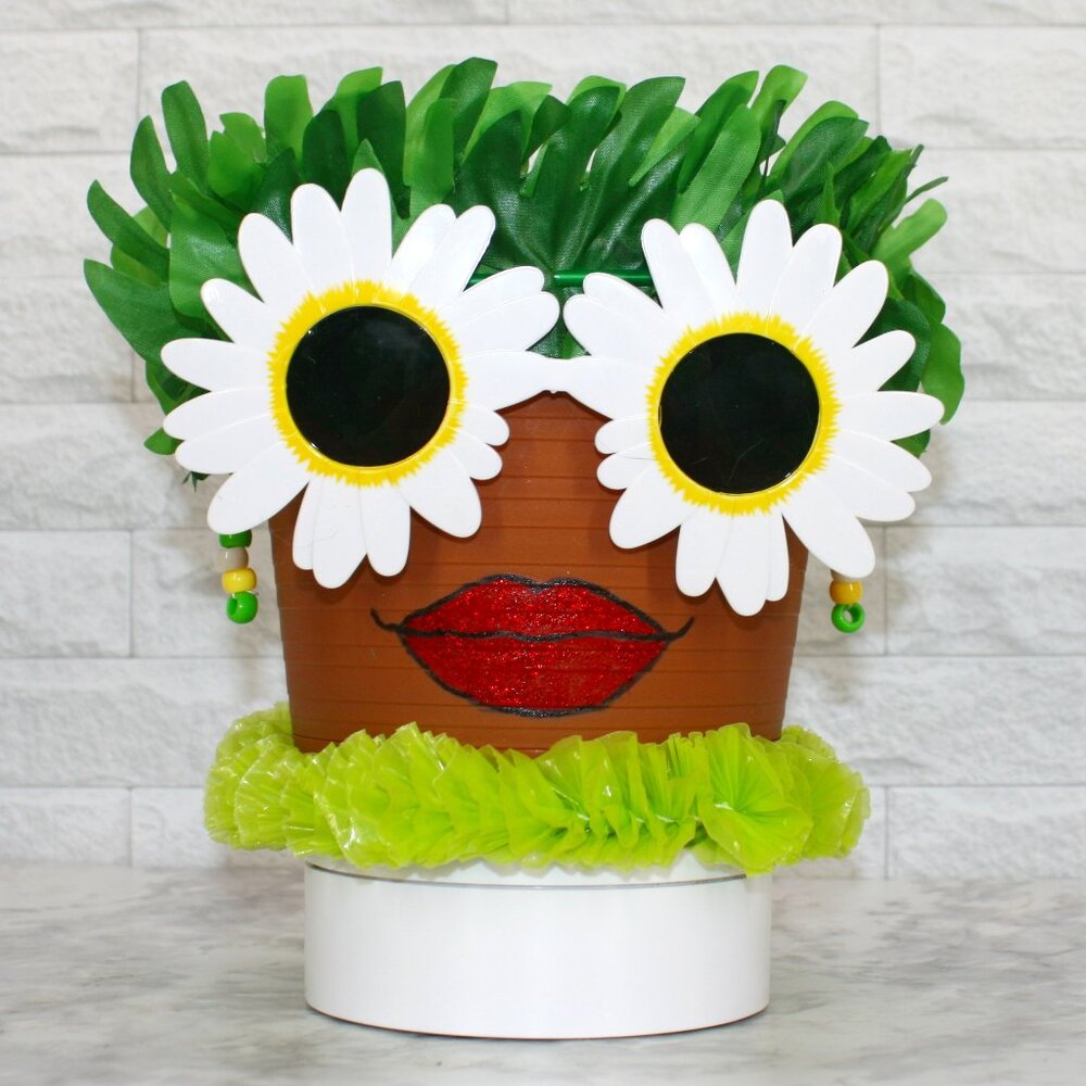 HAND CRAFTED Pot Head Daisy Floral Planter Upcycled Lady Face Luau Decor